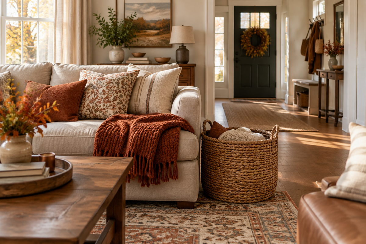 Cozy autumn living room with a folded throw, patterned pillows, and a storage basket