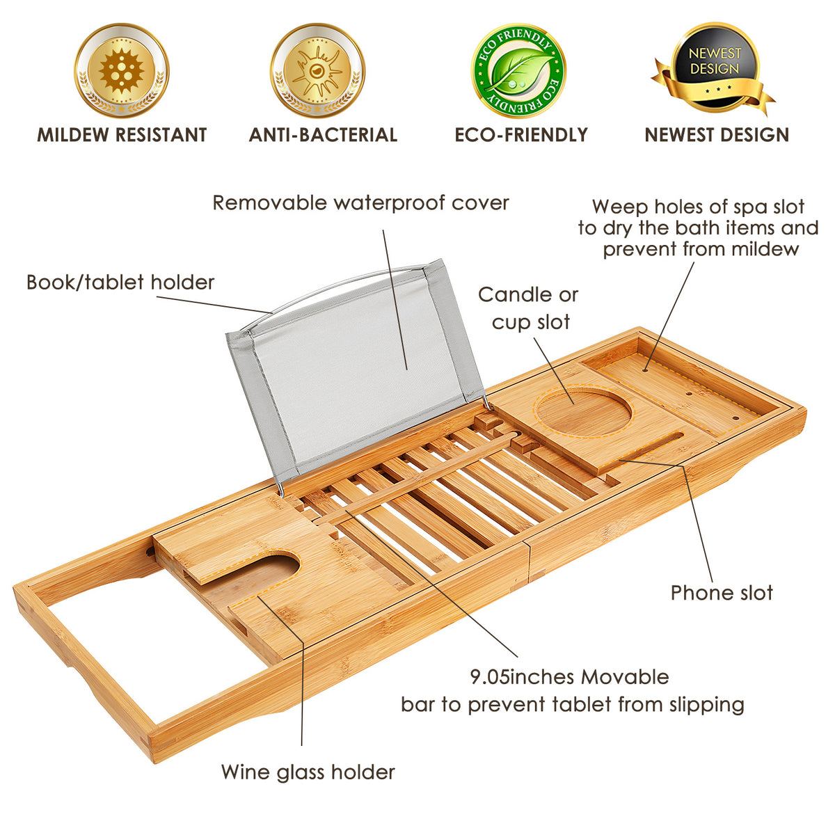 bamboo bathtub caddy with book holder featuring drink holder, phone slot, and eco-friendly design