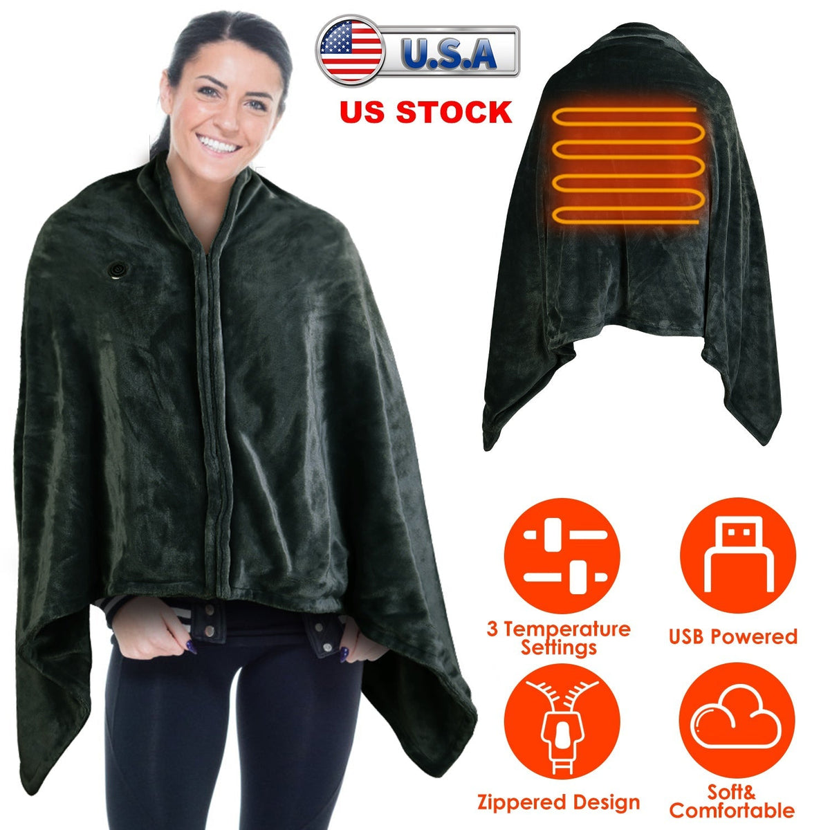 USB heated wearable blanket wrap with 3 heat settings, zippered design, shown on woman keeping hands free