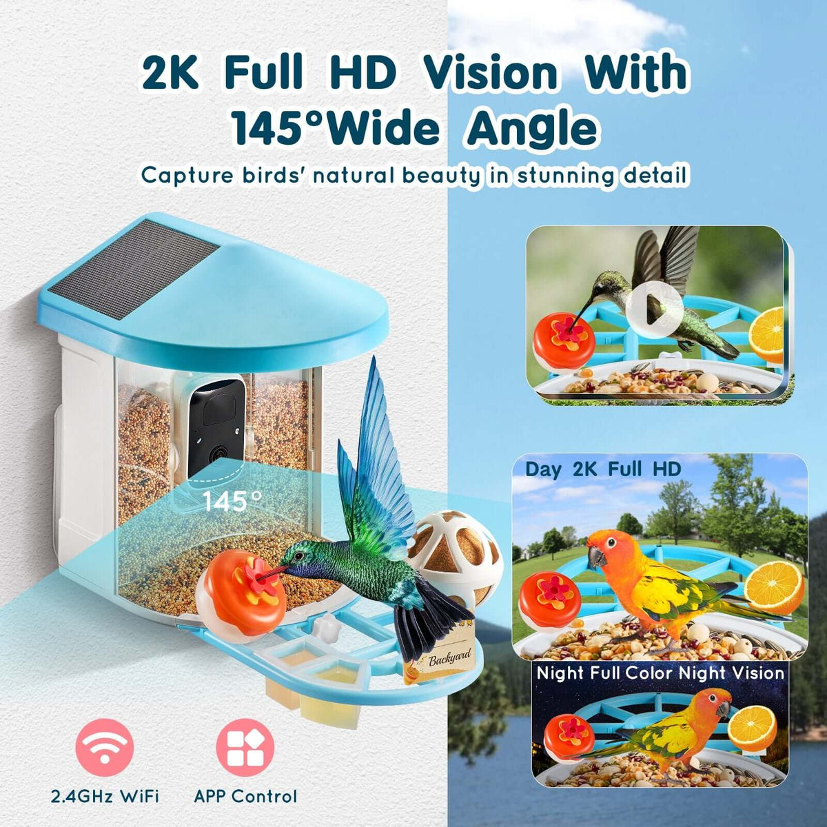 solar powered smart bird feeder with camera showing 2K HD vision and 145 degree wide angle