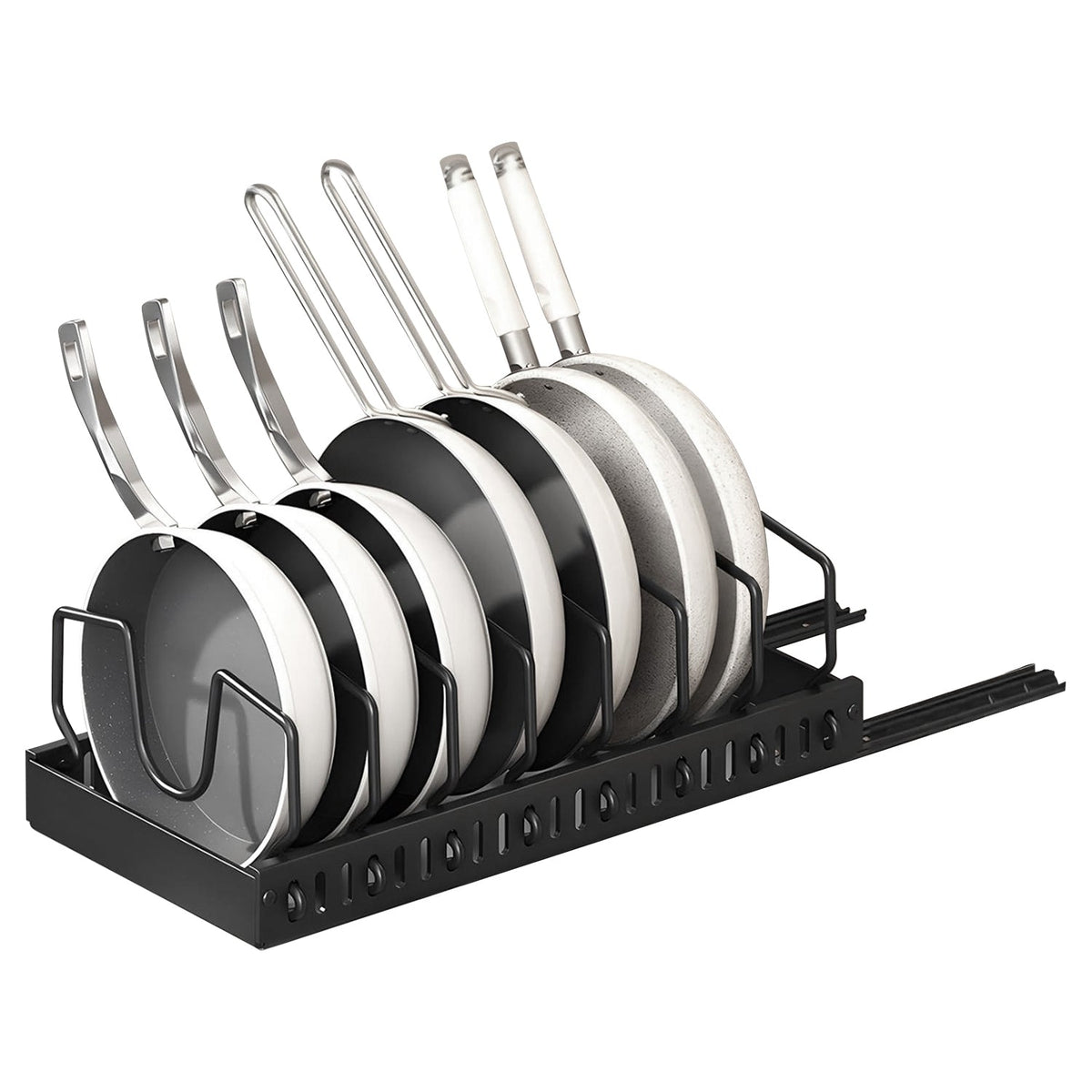 pull-out pots and pans organizer with 8 adjustable dividers holding various cookware and utensils