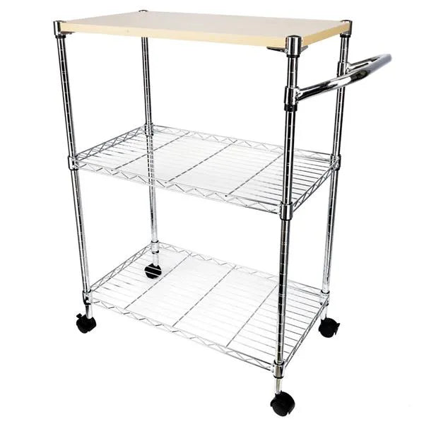 3-tier rolling kitchen cart with drawer and basket featuring steel frame with wood-look top and pull-out drawer