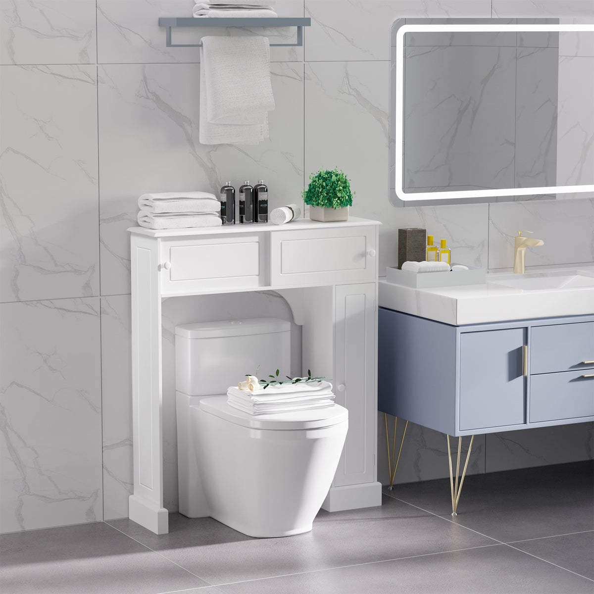 White over-the-toilet storage cabinet with sliding doors, 35x9x41 in, displayed above toilet in modern bathroom
