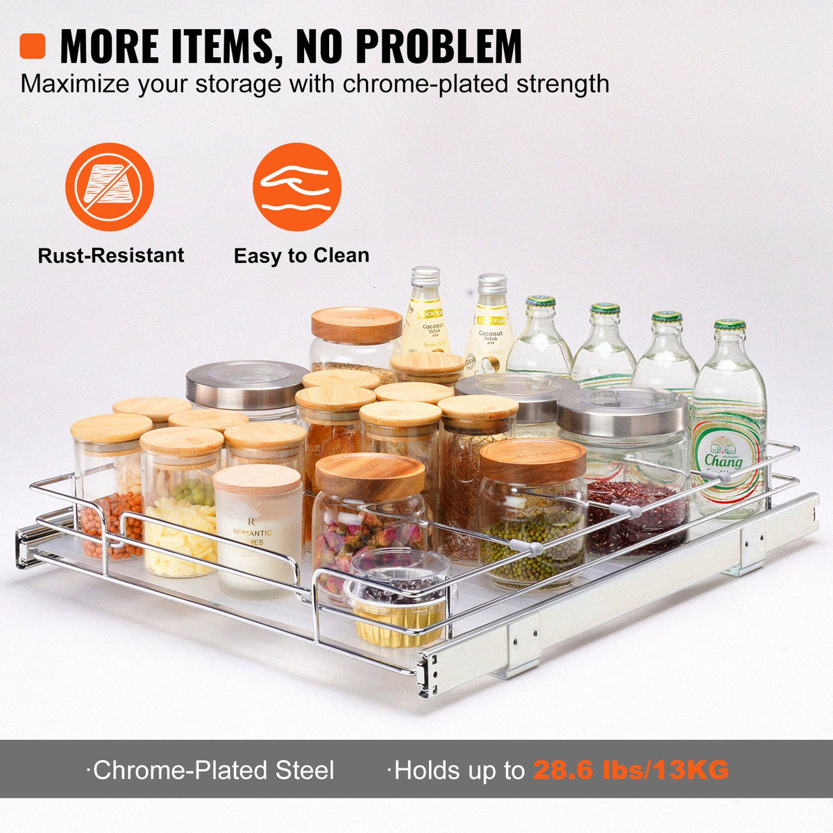 Heavy-duty pull-out cabinet organizer storing kitchen bottles, jars and supplies with rust-resistant chrome-plated steel