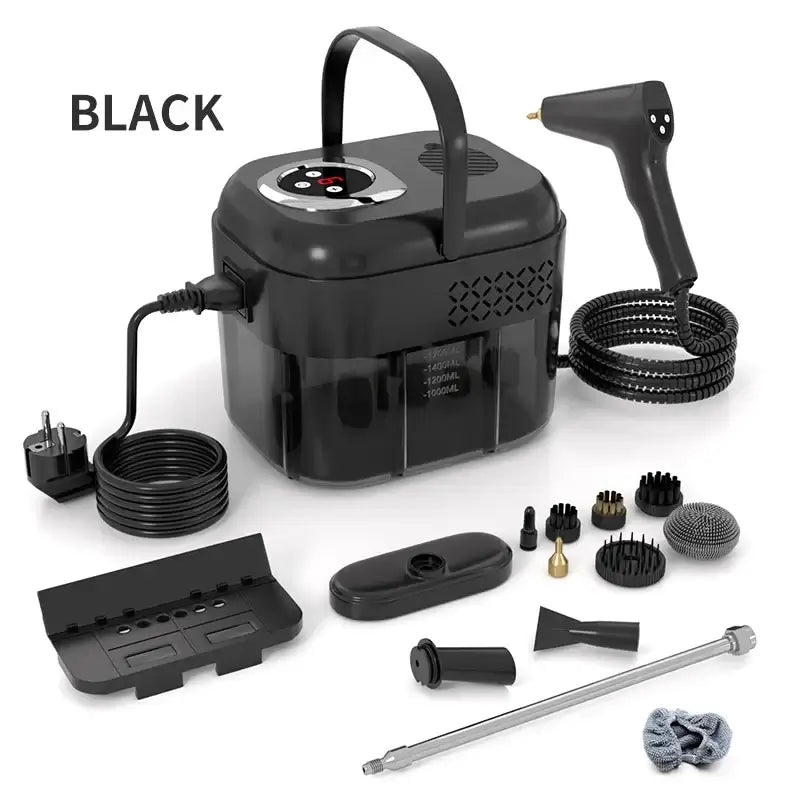 1500W Handheld Steam Cleaner, 110V/220V in black with accessories for efficient cleaning.