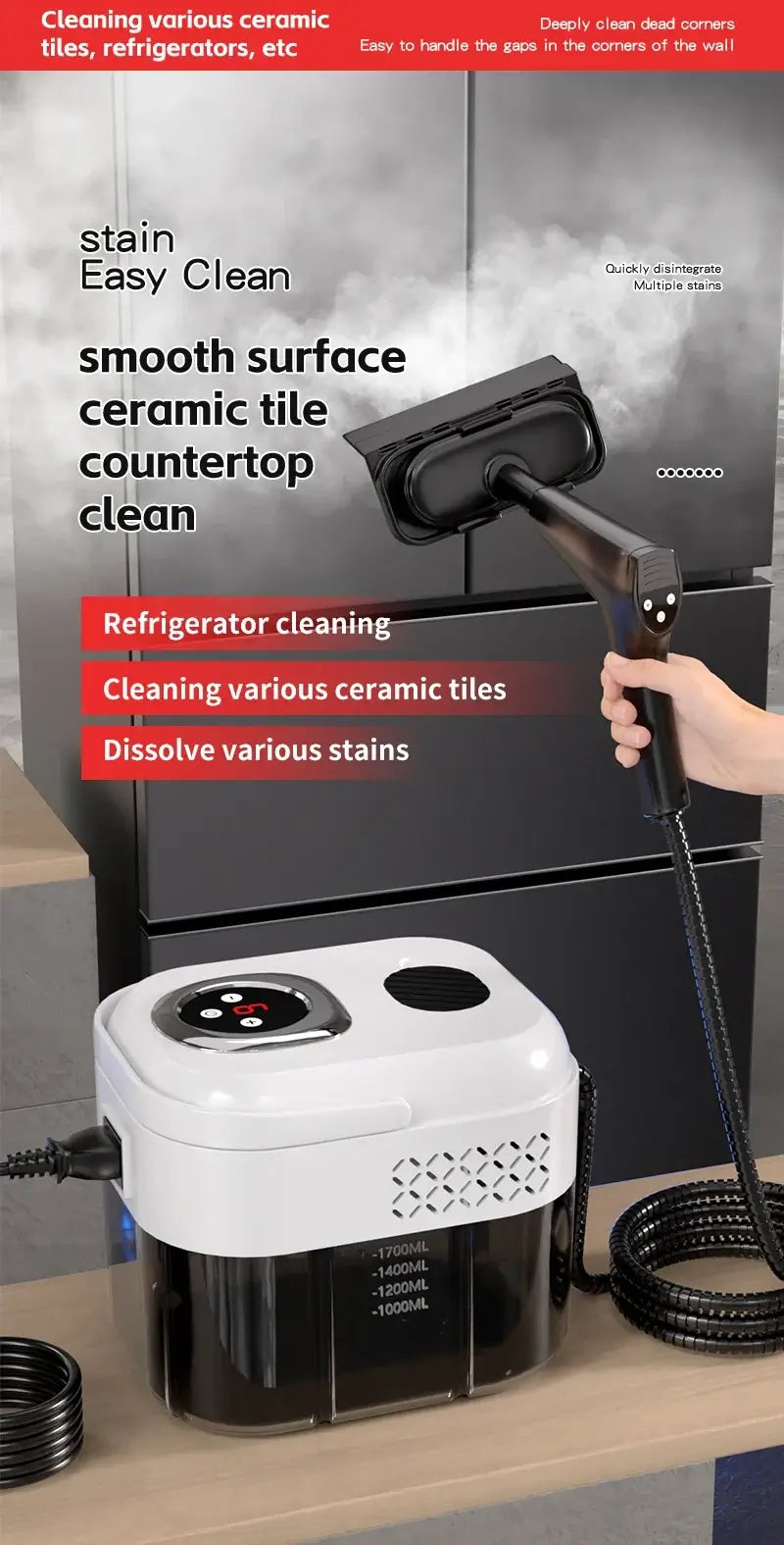 1500W Handheld Steam Cleaner, 110V/220V for effective cleaning of ceramic tiles and surfaces.
