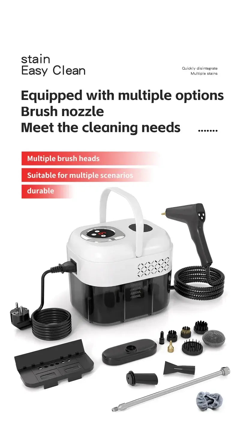 1500W Handheld Steam Cleaner, 110V/220V with multiple brush heads and nozzles for versatile cleaning.