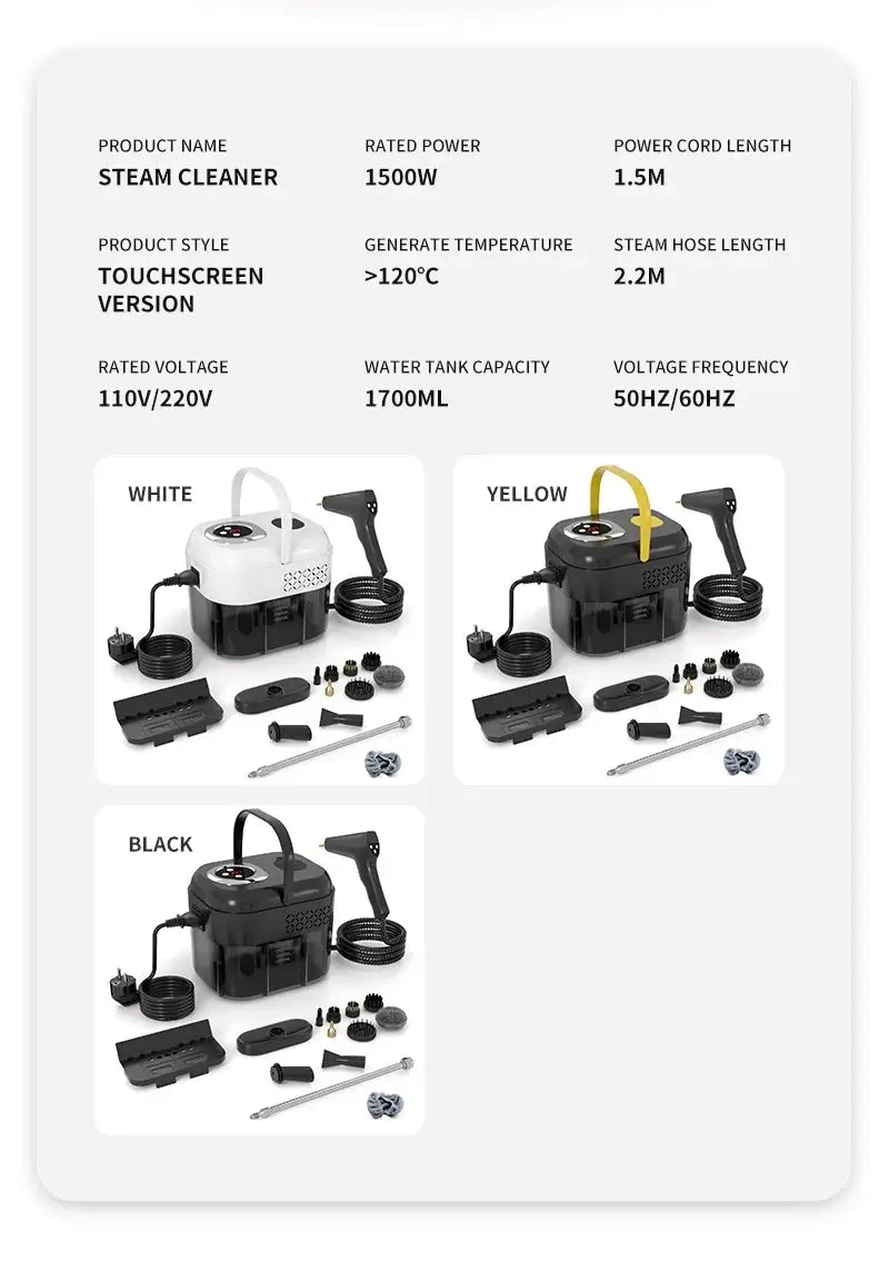 1500W Handheld Steam Cleaner, 110V/220V with touchscreen, available in White and Black, includes accessories.