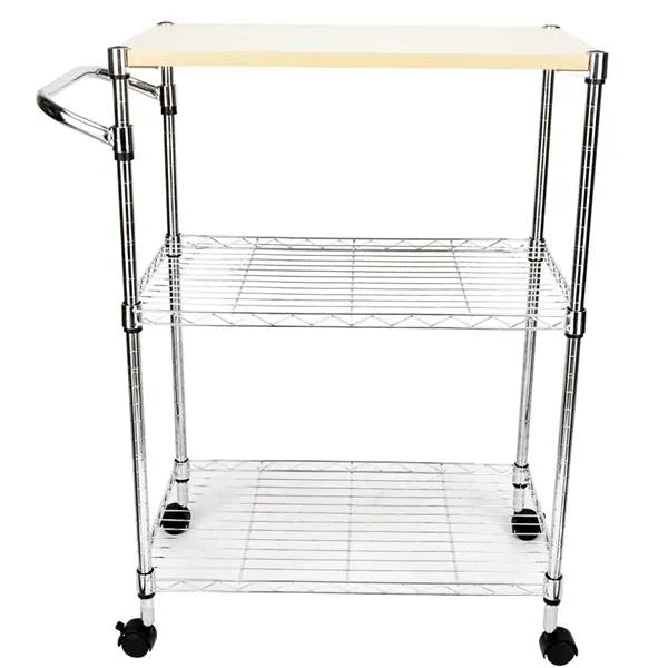 3-tier rolling kitchen cart with drawer and basket featuring sturdy steel frame with wood-look top