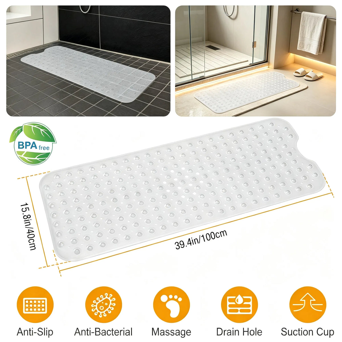 non-slip tub mat with suction cups showing white mat with drain holes and suction cups in tub and shower