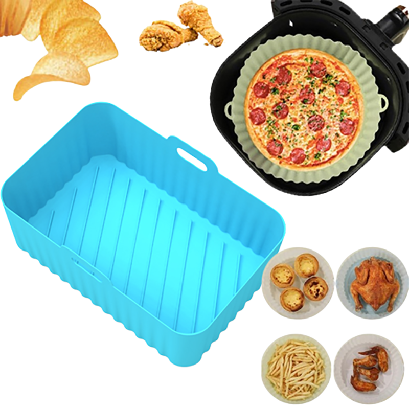 Blue rectangular silicone air fryer liner shown with foods it can hold
