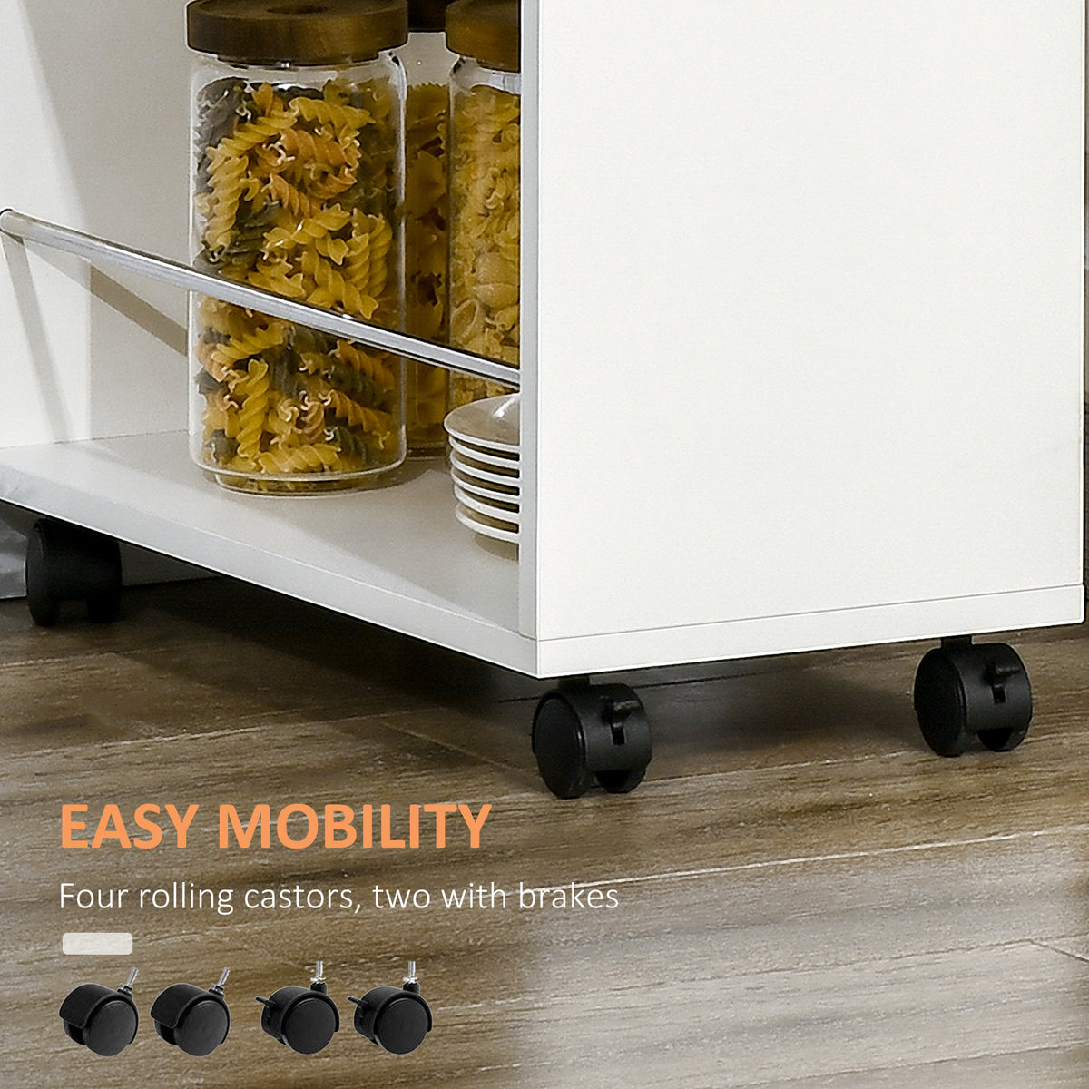 slim rolling storage cart with drawer in white with pasta jars and rolling casters