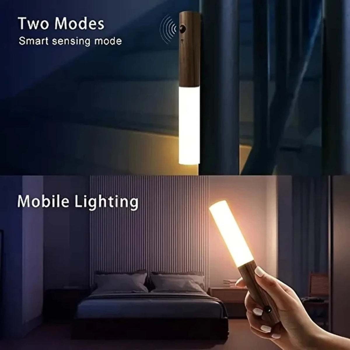 Rechargeable motion sensor night light showing two modes: wall-mounted smart sensing and portable mobile lighting for bedside convenience
