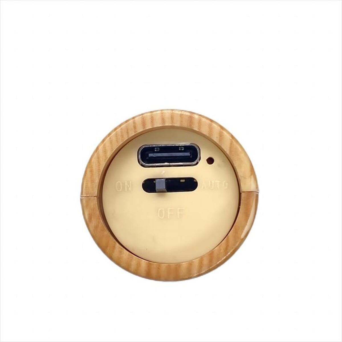 Rechargeable motion sensor night light with wood finish and control buttons for easy operation