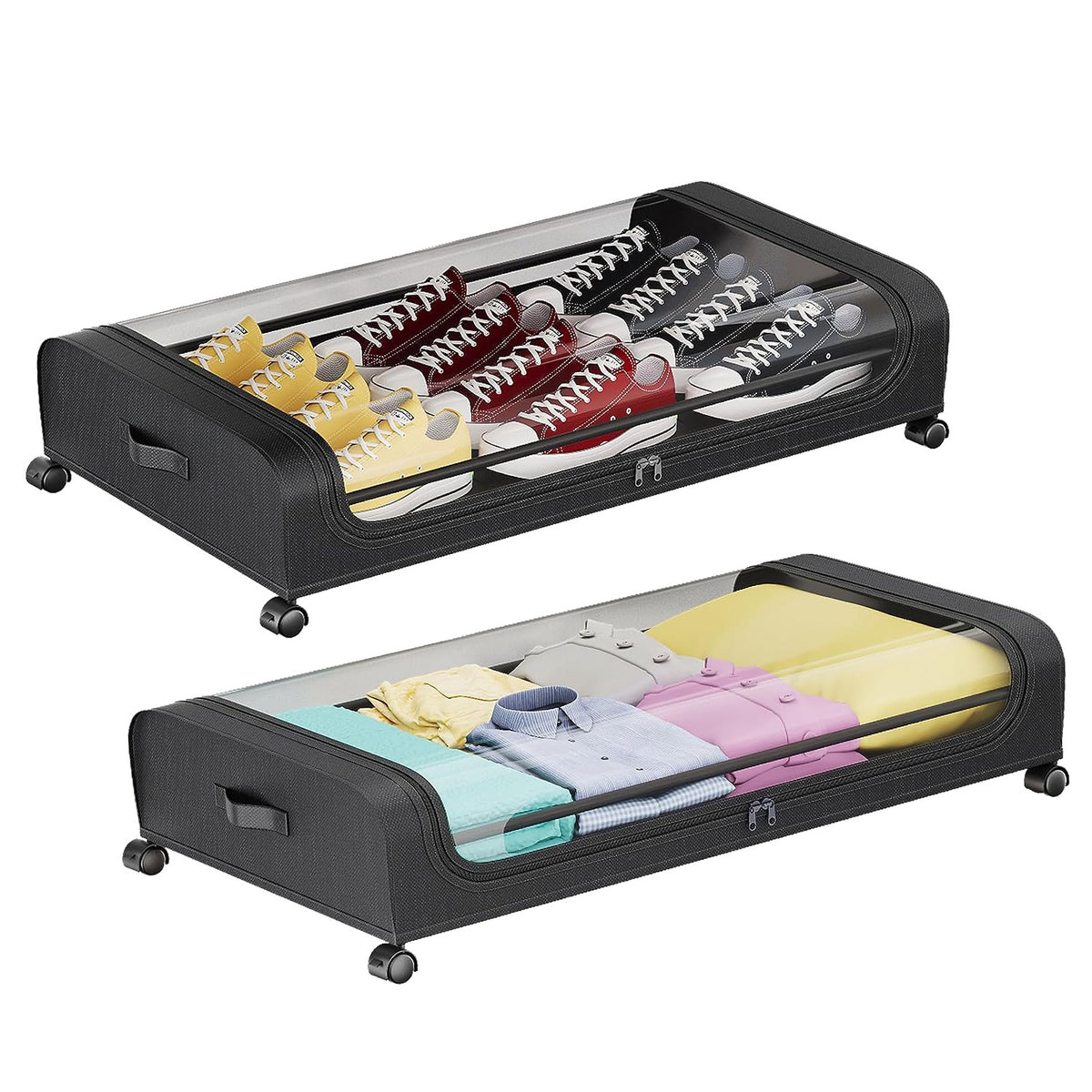 rolling under-bed storage containers with clear lids filled with shoes and folded clothes, featuring wheels for easy access
