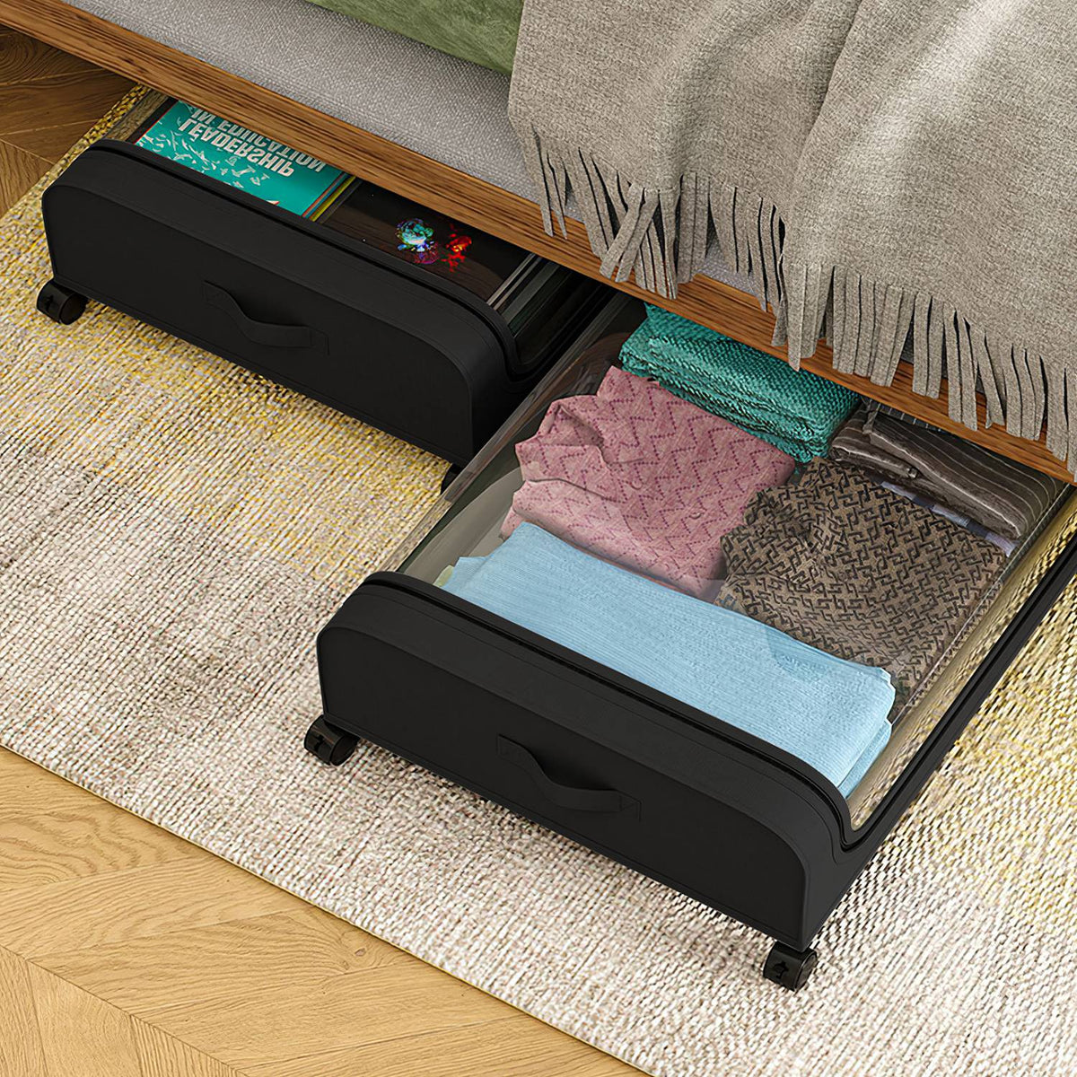 rolling under-bed storage containers with clear lids filled with folded clothing and bedding, positioned under bed