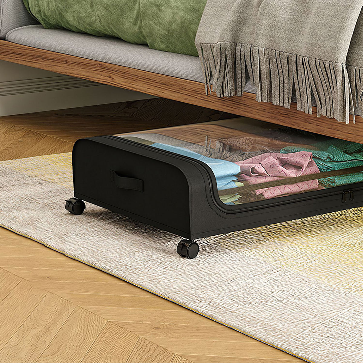 rolling under-bed storage containers with clear lids showing folded clothes visible through transparent top under bed