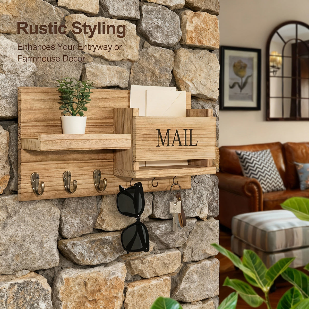 Rustic Wood Entryway Organizer – Key Hooks, Mail Rack & Coat Hooks