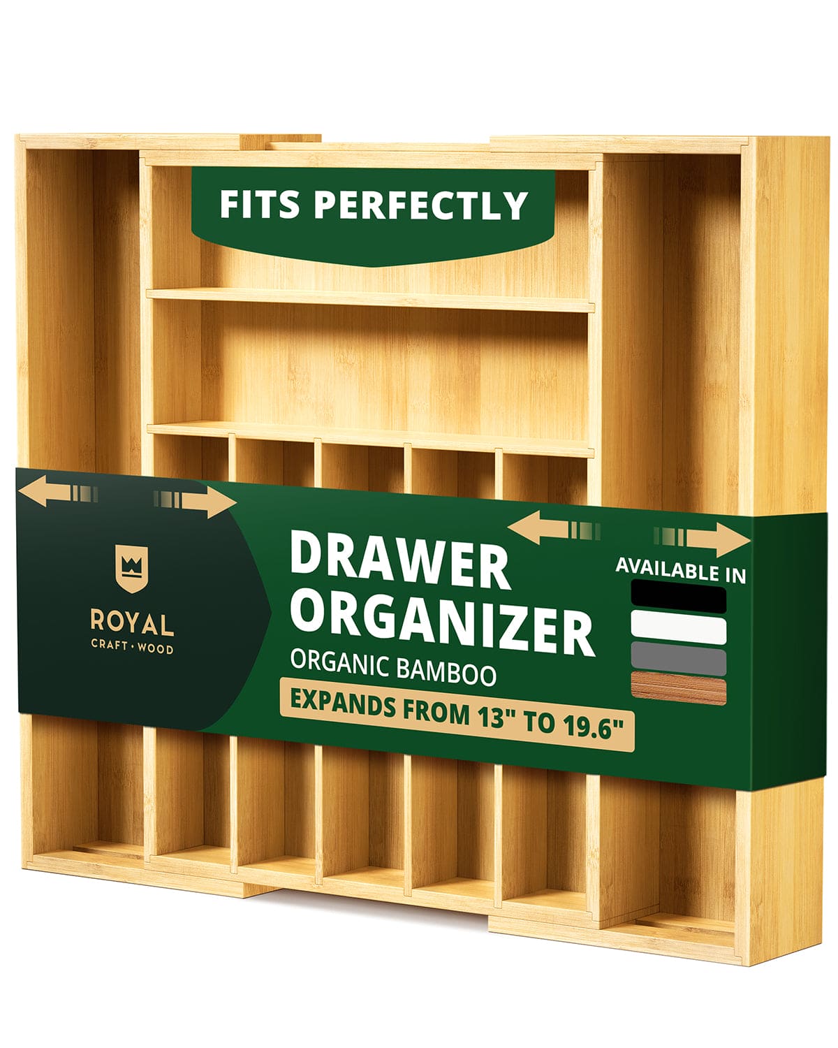 expandable bamboo drawer organizer with 9 slots expanding from 13 to 19.6 inches wide, natural bamboo finish