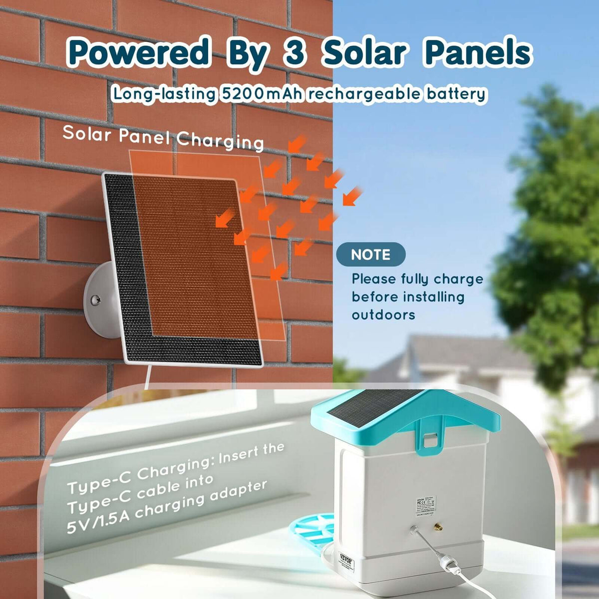 solar powered smart bird feeder with camera showing 3 solar panels and 5200mAh battery charging