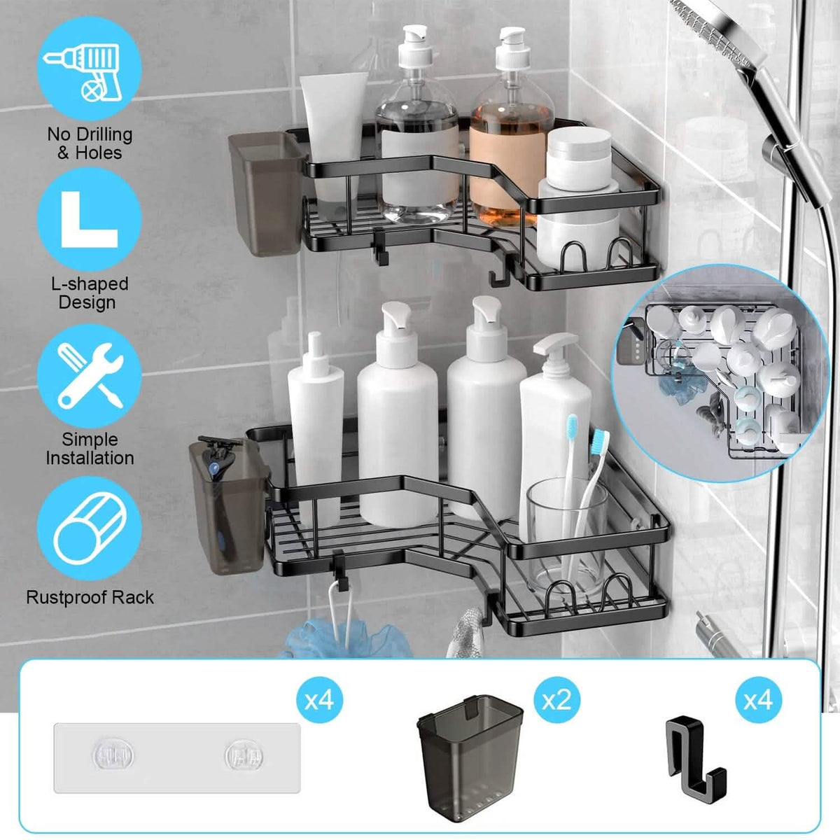 Corner Shower Caddy 2-Pack – No-Drill, Stainless Steel