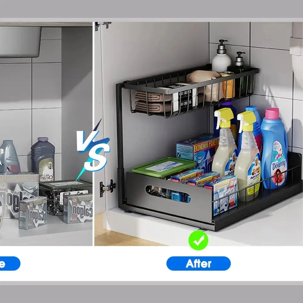 Before and after image of under-sink organizer with pull-out basket displaying improved storage for cleaning supplies.