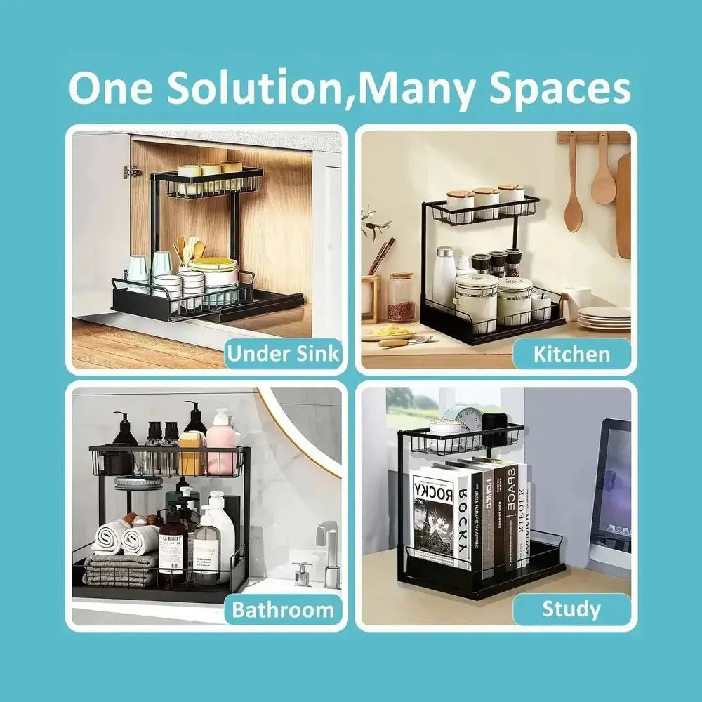 Versatile under-sink organizer with pull-out basket for bathroom, kitchen, and study storage solutions.