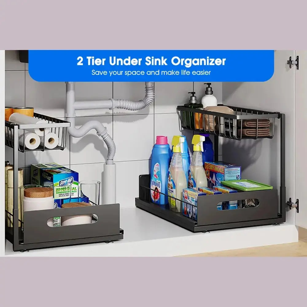 2-Tier Under-Sink Organizer with Pull-Out Basket for easy storage and accessibility of cleaning supplies and toiletries.