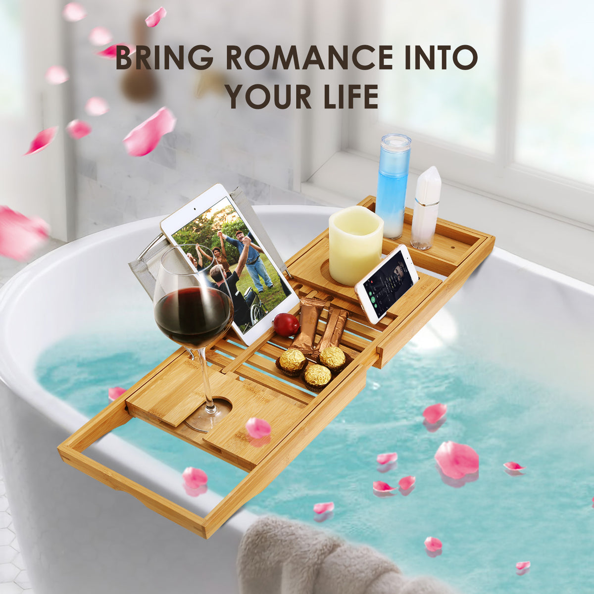 bamboo bathtub caddy with book holder displaying wine, phone, candle, and drink holders across tub