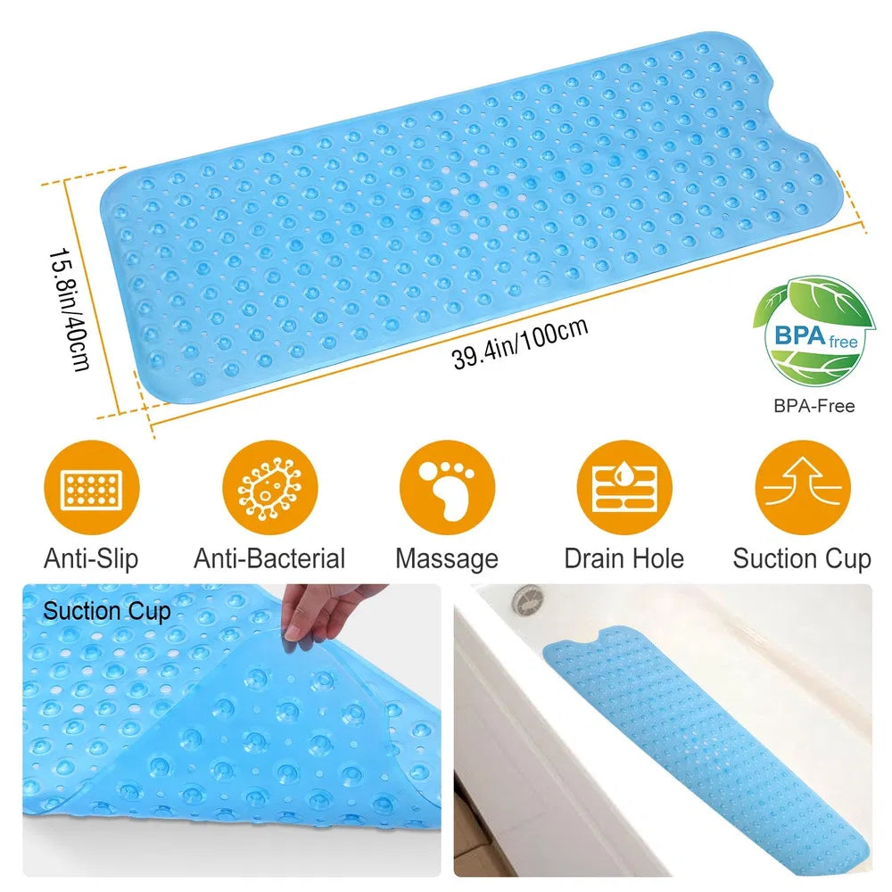 Non-slip tub mat with suction cups in transparent blue, large size, showing drain holes and pebble texture