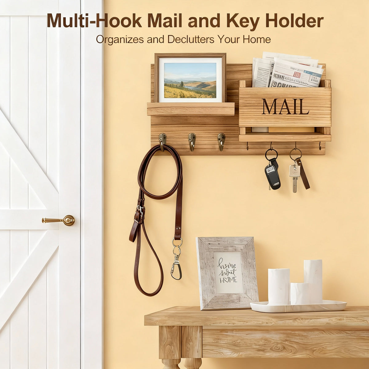 Rustic Wood Entryway Organizer – Key Hooks, Mail Rack & Coat Hooks