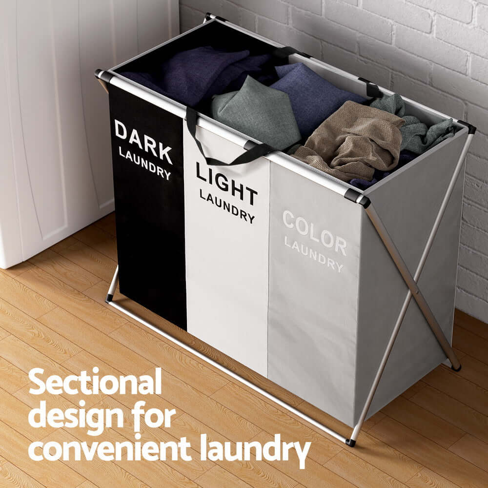 3-section foldable laundry hamper with a detachable aluminum-alloy frame, carry handle, and compartments for sorting lights, darks, and colors.
