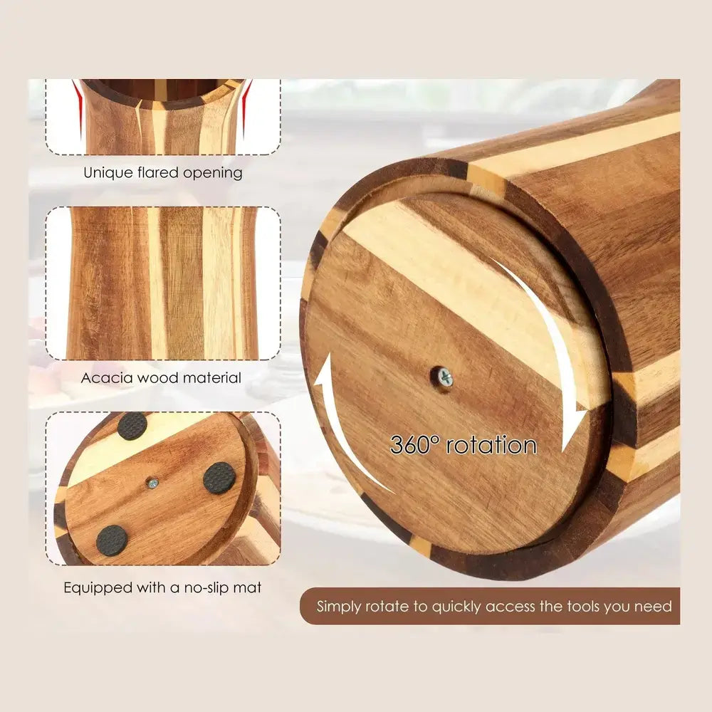 360° rotating acacia wood utensil holder showcasing unique design and no-slip base for kitchen organization