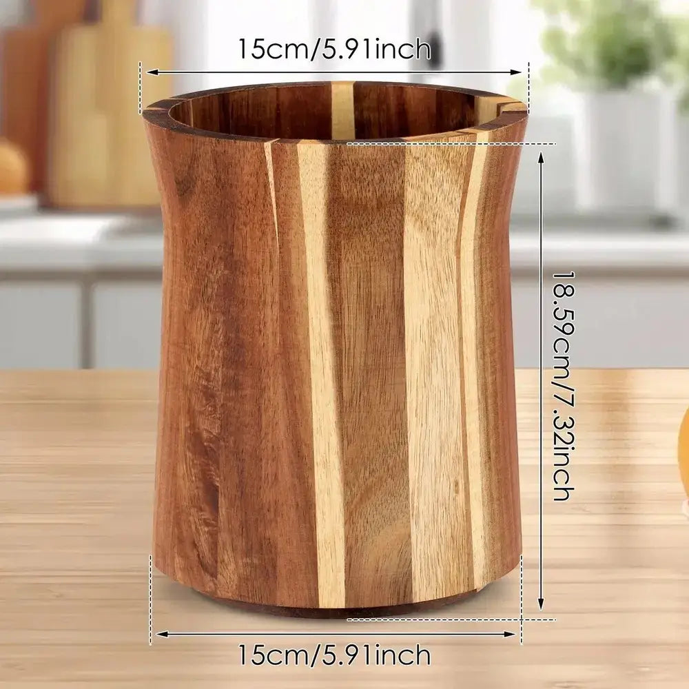 Rotating acacia wood utensil holder showcasing dimensions for practical kitchen organization.