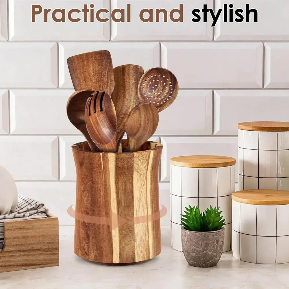 360° rotating acacia wood utensil holder filled with kitchen tools, stylishly enhancing countertop organization.