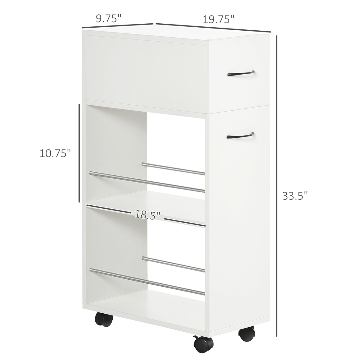 slim rolling storage cart with drawer in white with dimensions labeled