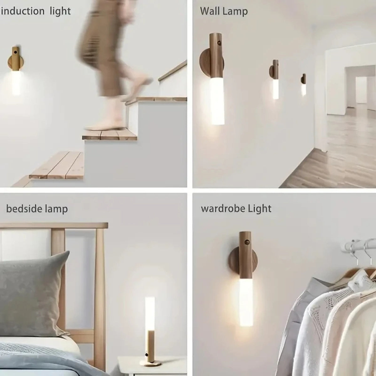Rechargeable motion sensor night light wall lamp shown in hallway, bedside, and wardrobe settings with LED illumination