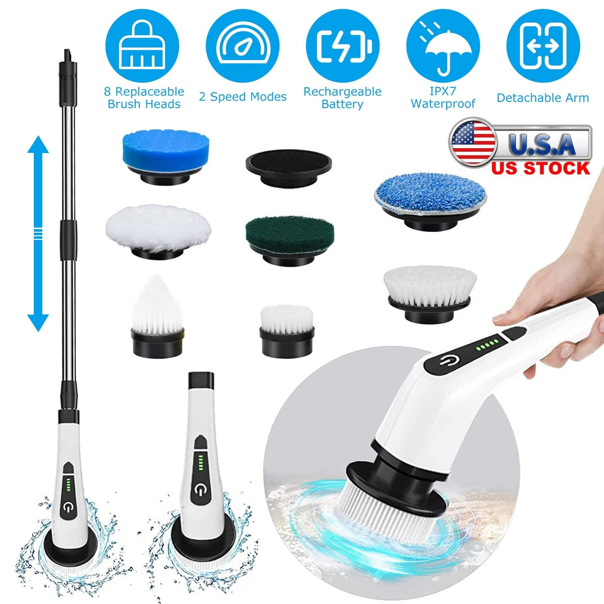 Electric spin scrubber with long handle showing telescopic arm, 8 brush heads, and dual-speed cordless battery features