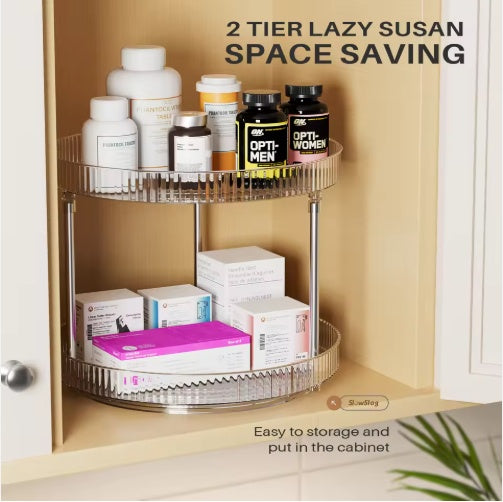 2-tier lazy susan spice organizer with two rotating shelves storing bottles, jars, and containers in cabinet