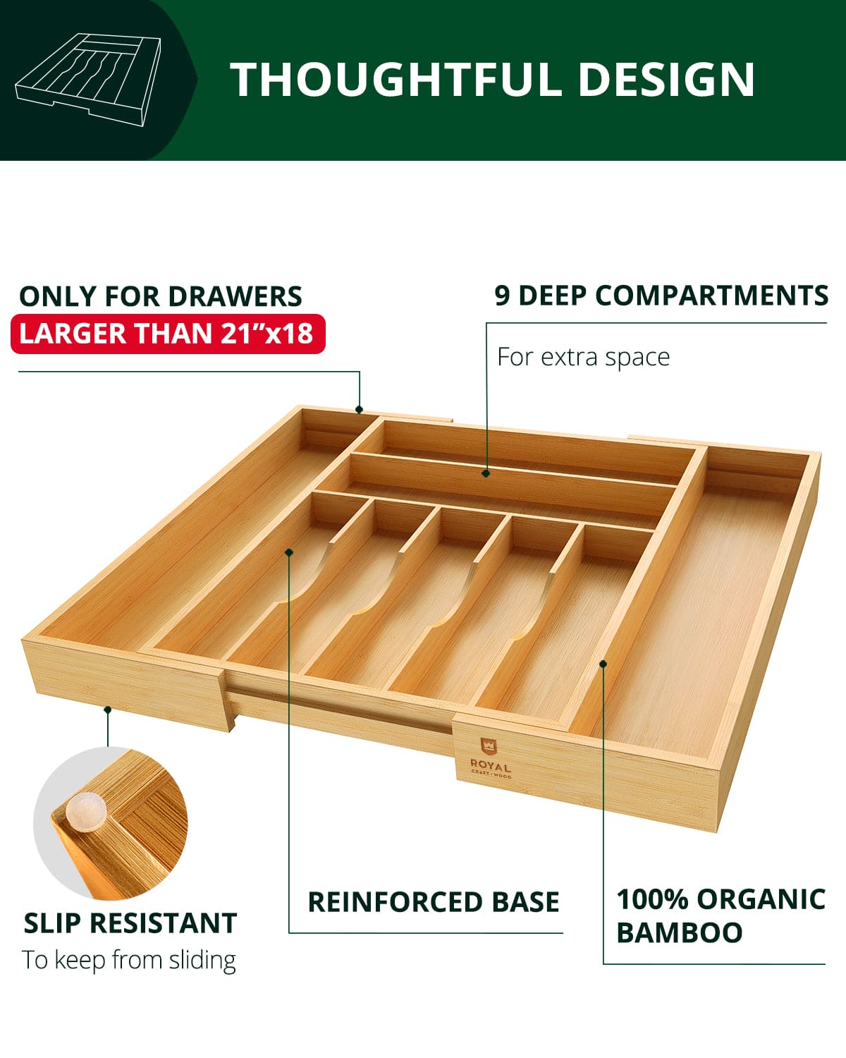 expandable bamboo drawer organizer with 9 deep compartments, slip-resistant base, and reinforced bamboo construction