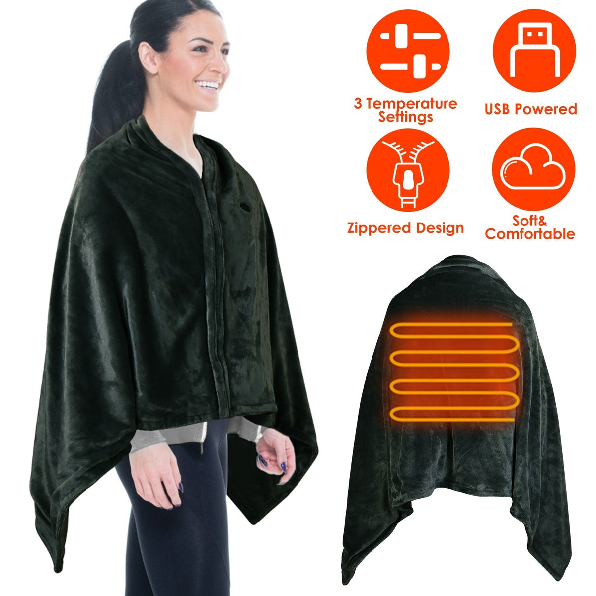 USB heated wearable blanket wrap with 3 temperature settings, zippered design, worn as shawl with hands free