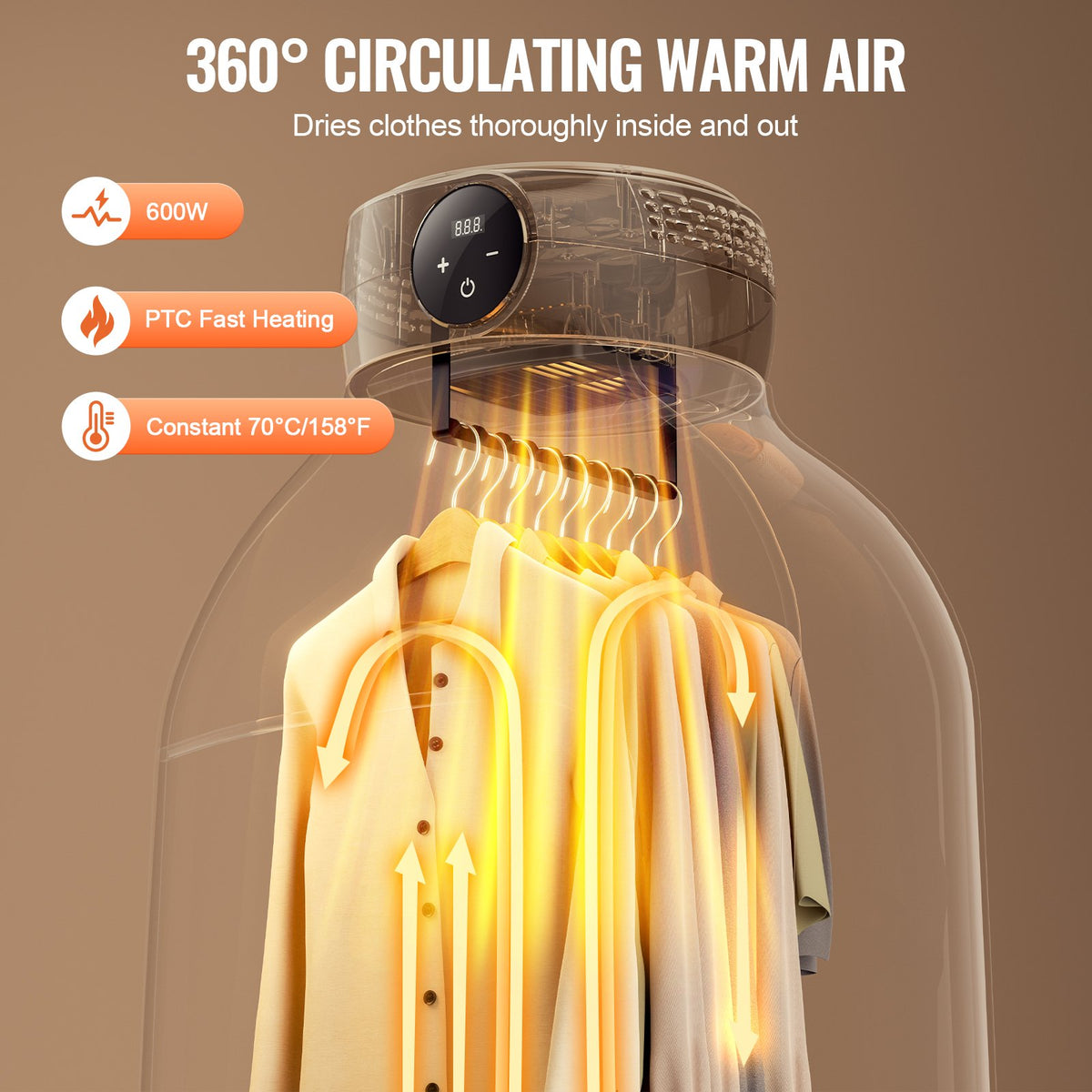 portable clothes dryer with bag showing 600W PTC heater circulating warm air around hanging clothes
