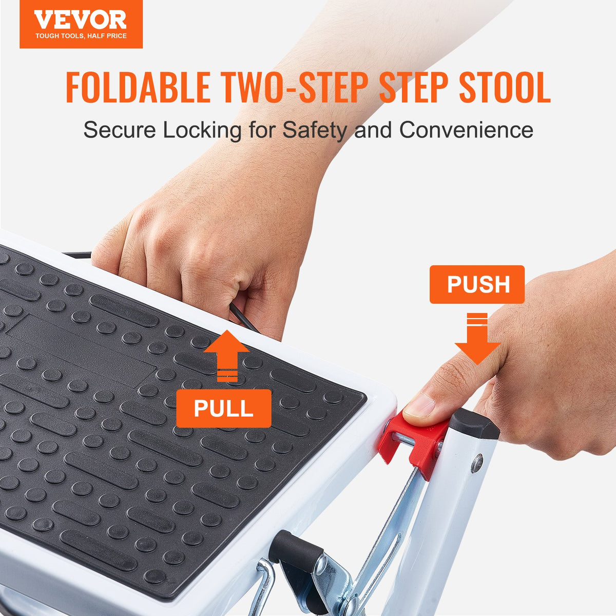 Folding steel step stool with non-slip steps showing secure locking mechanism with push and pull instructions