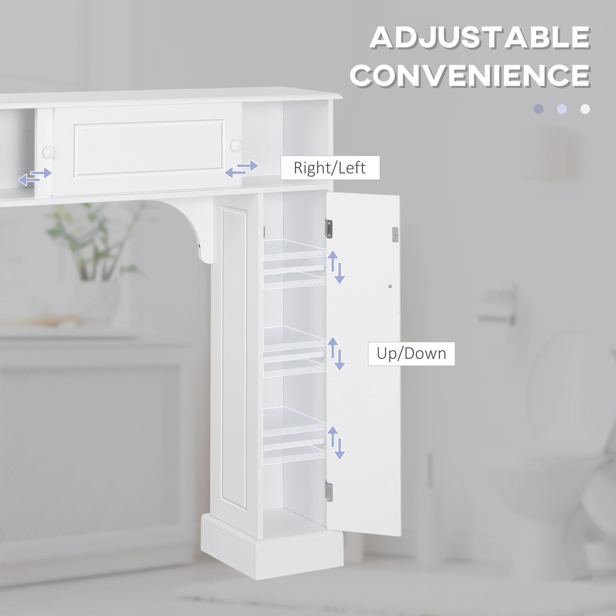 White over-the-toilet storage cabinet with sliding doors featuring adjustable shelves and right/left slide functionality