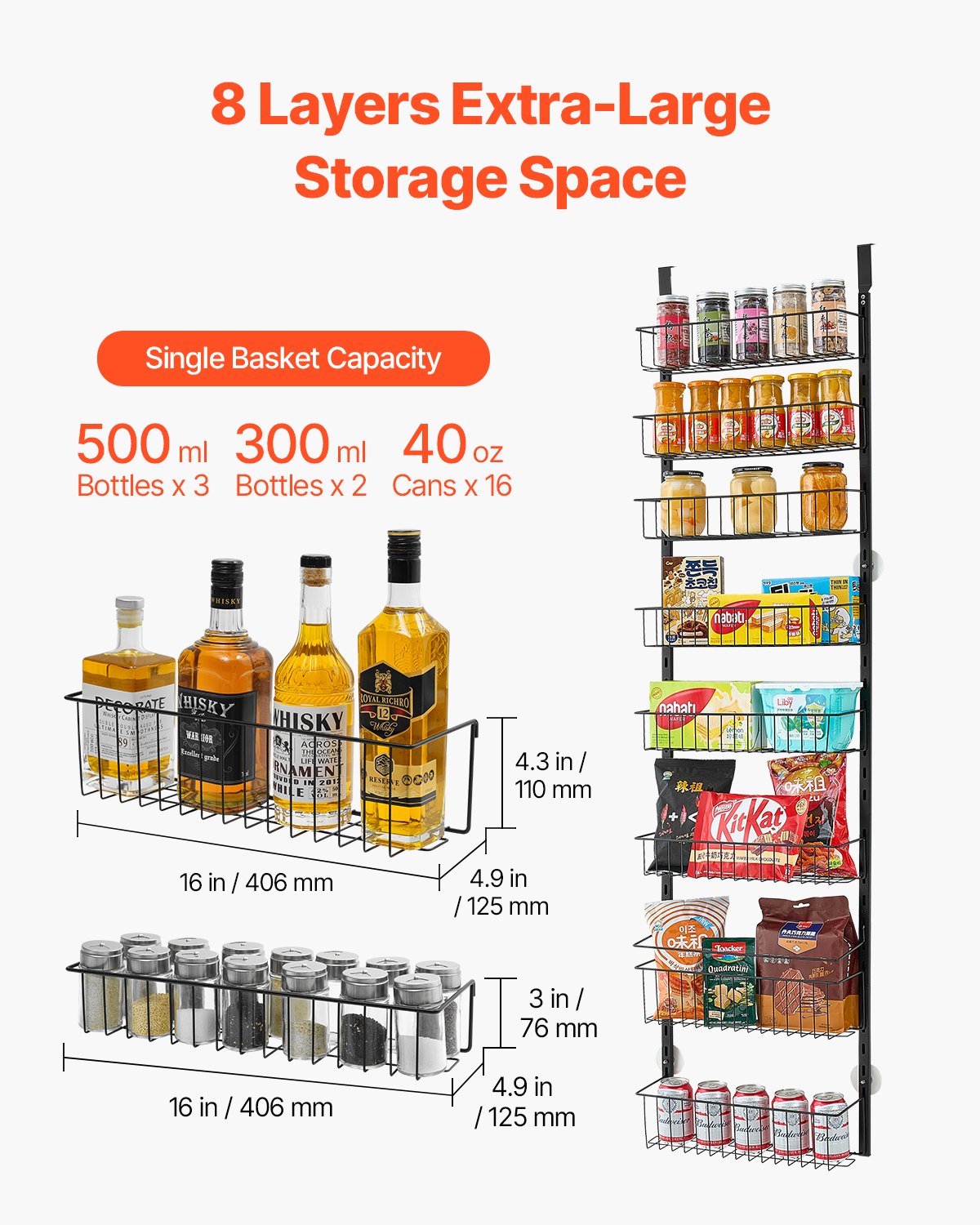 8-tier over-the-door pantry organizer with adjustable baskets holding bottles, jars, and cans