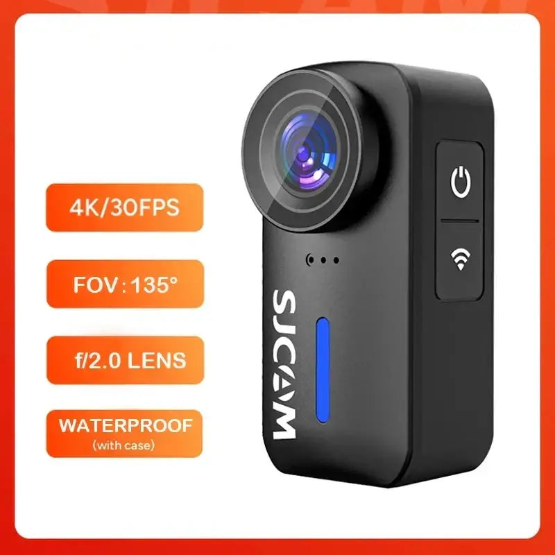 4K EIS action camera waterproof shown from the side with lens and control buttons highlighted.