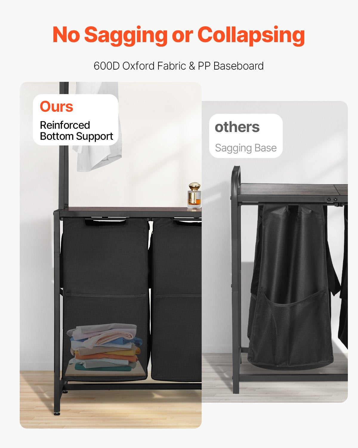 laundry sorter with hanging rod featuring reinforced bottom support and 600D Oxford fabric construction