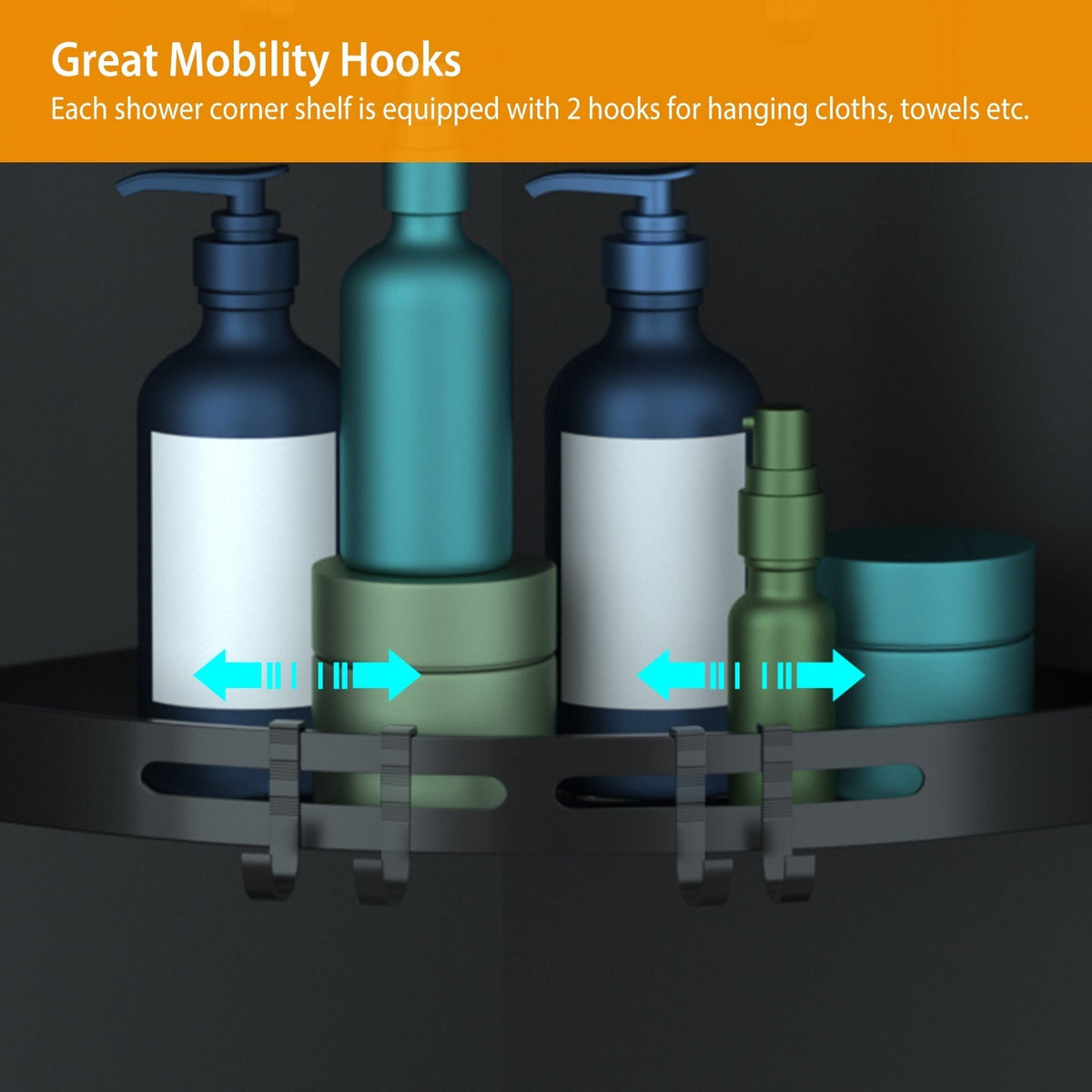 no-drill corner shower shelves with hooks holding bathroom bottles and towels