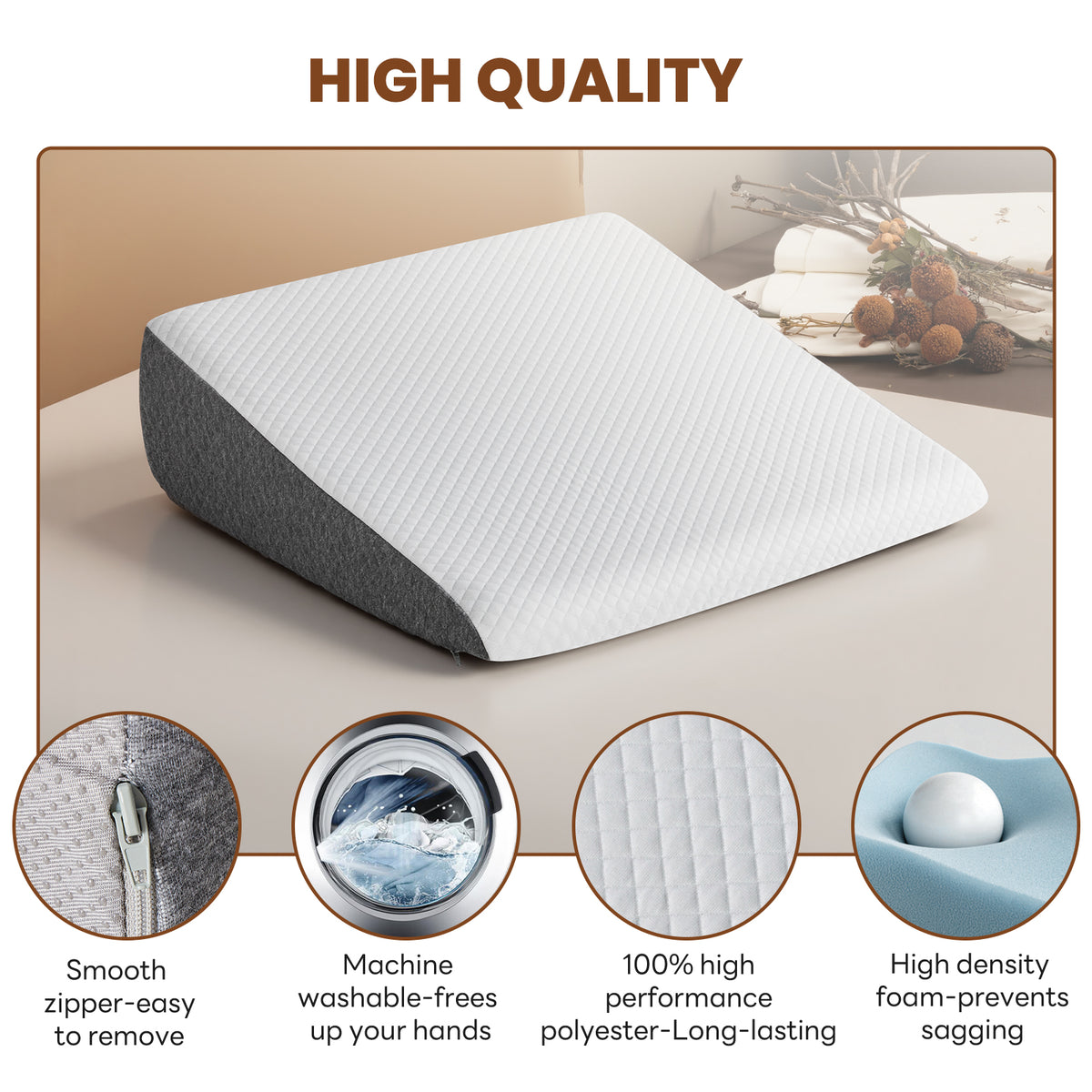 memory foam wedge pillow for bed with removable washable cover and high-density foam