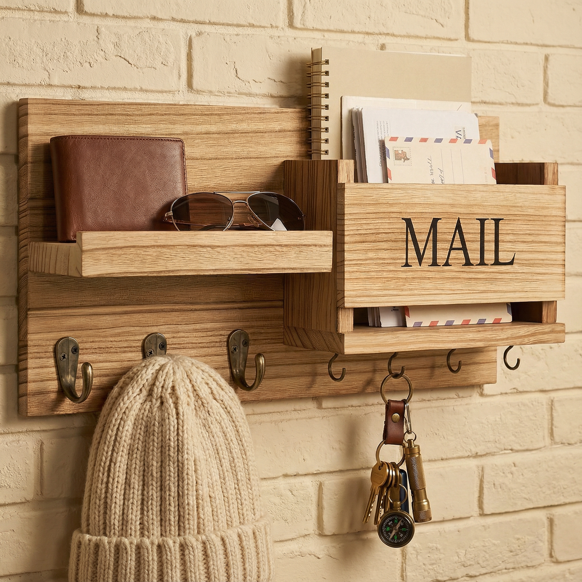 Rustic Wood Entryway Organizer – Key Hooks, Mail Rack & Coat Hooks